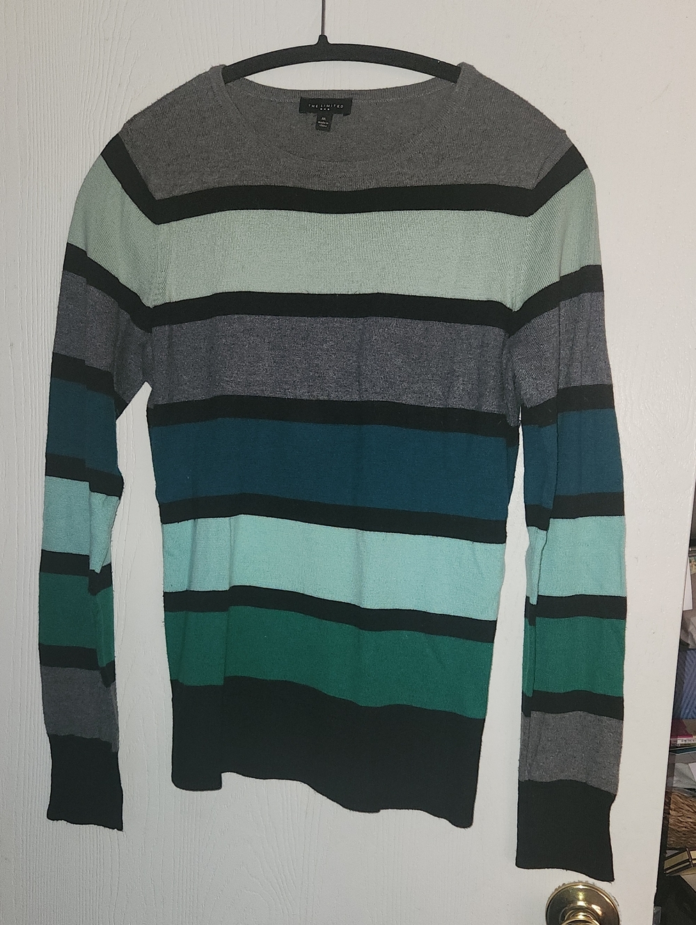 The Limited Striped Crew Neck Sweater in Gray, Teal, Aqua, Black